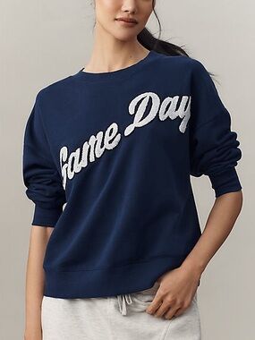 Anthropologie Maeve Game Day Crewneck Sweatshirt Navy & White Chenille Script